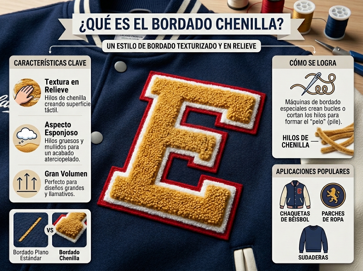 El bordado chenille aporta volumen, suavidad y un acabado visual muy llamativo. Su textura tipo felpa convierte letras, logos y diseños en aplicaciones con presencia, ideales para prendas modernas, deportivas o de estilo urbano.
