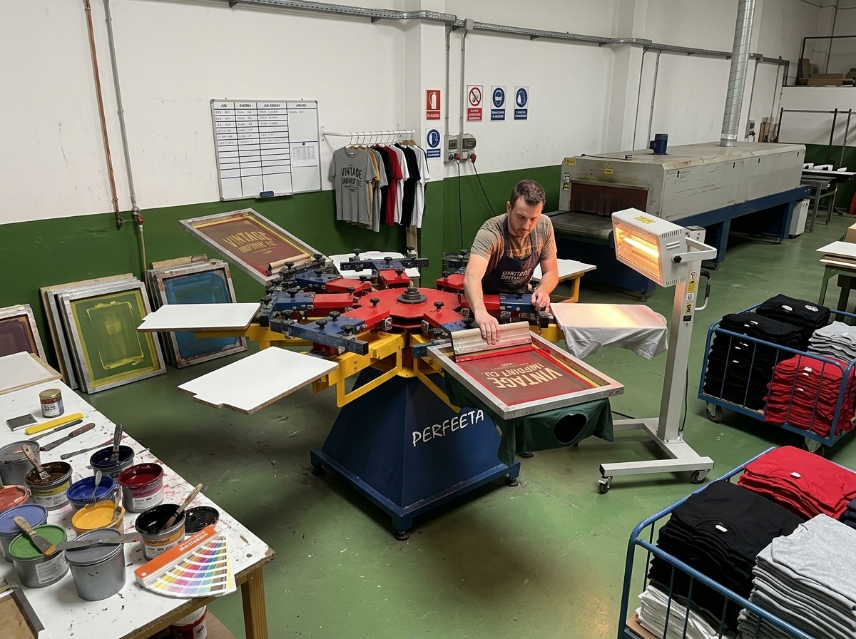 Proceso de serigrafía textil realizado en taller, ideal para personalizar camisetas, sudaderas, bolsas y prendas corporativas con acabados resistentes, colores intensos y una imagen cuidada. Una técnica perfecta para marcas, empresas, eventos y colecciones que buscan calidad, presencia y durabilidad